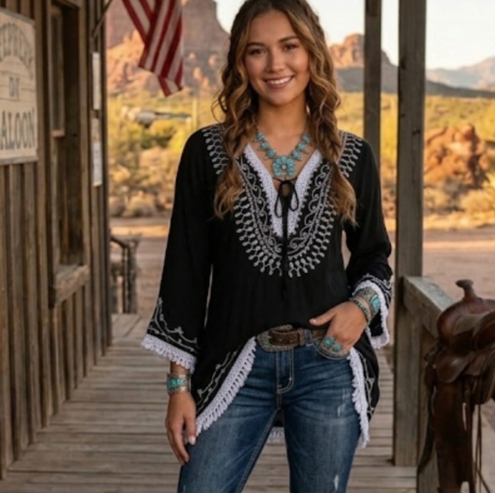 Scully Bkack White Embroidered Tunic Top Lace Up Boho Western High Low Sz Medium